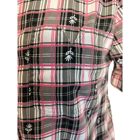 Adriana Delafield blouse medium short sleeve pink black pocket collar  FLAW - Picture 13 of 16